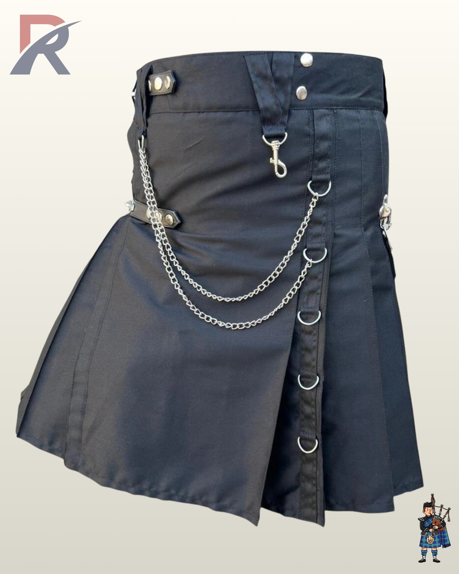 Front view of a men's dark charcoal grey gothic utility kilt featuring two draped silver side chains and D-ring apron trim.