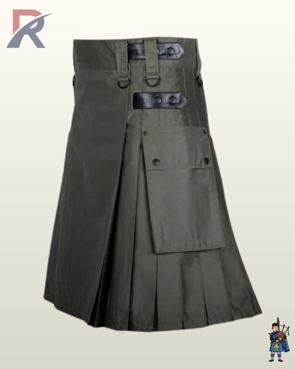 Side profile of a charcoal grey work kilt displaying adjustable black leather straps, snap closures, and pleats.