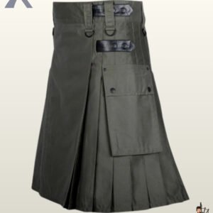 Side profile of a charcoal grey work kilt displaying adjustable black leather straps, snap closures, and pleats.