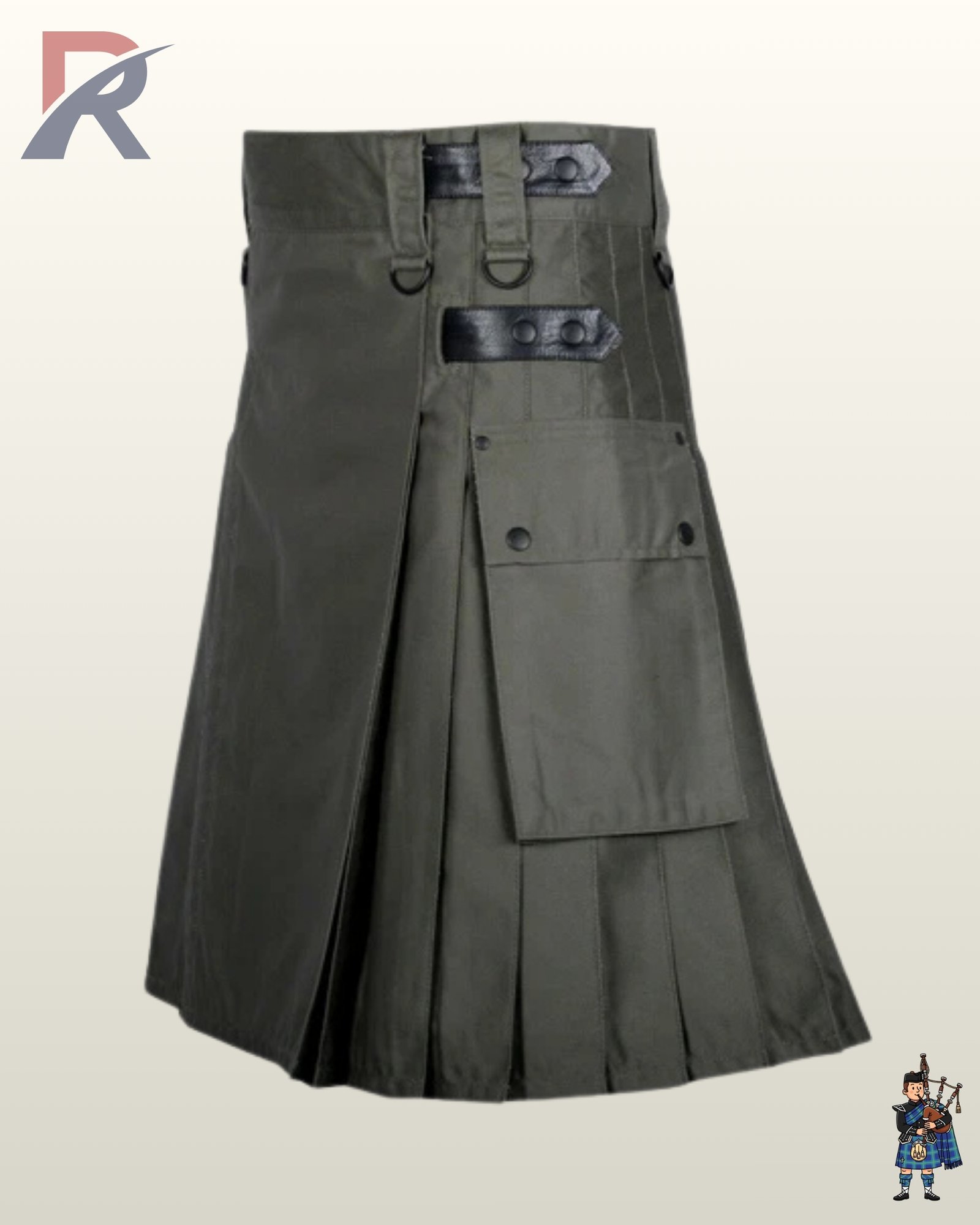 Side profile of a charcoal grey work kilt displaying adjustable black leather straps, snap closures, and pleats.