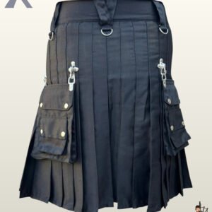 Heavy-duty charcoal canvas tactical kilt showing rear pleats, metal clip attachments, and studded cargo pouches.