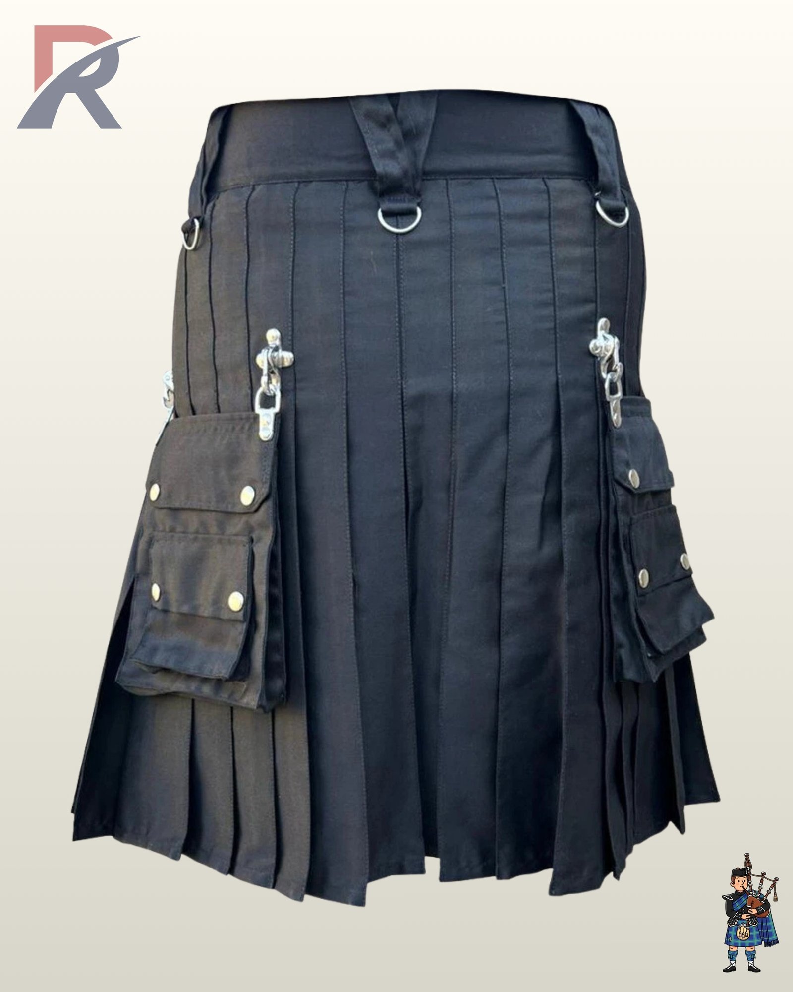 Heavy-duty charcoal canvas tactical kilt showing rear pleats, metal clip attachments, and studded cargo pouches.