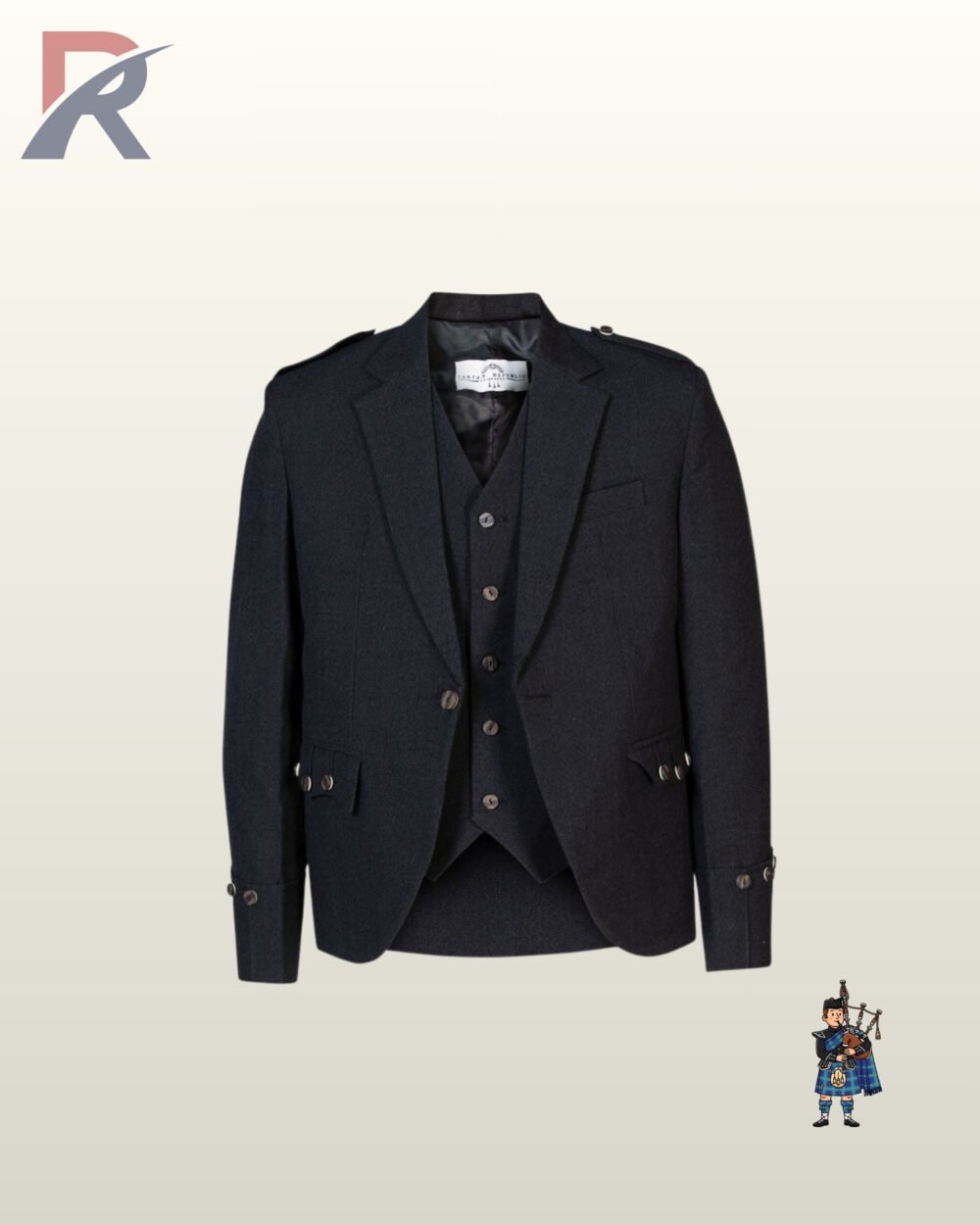 Men's formal dark grey tweed highland kilt jacket set featuring braided cuff details and staghorn style buttons.