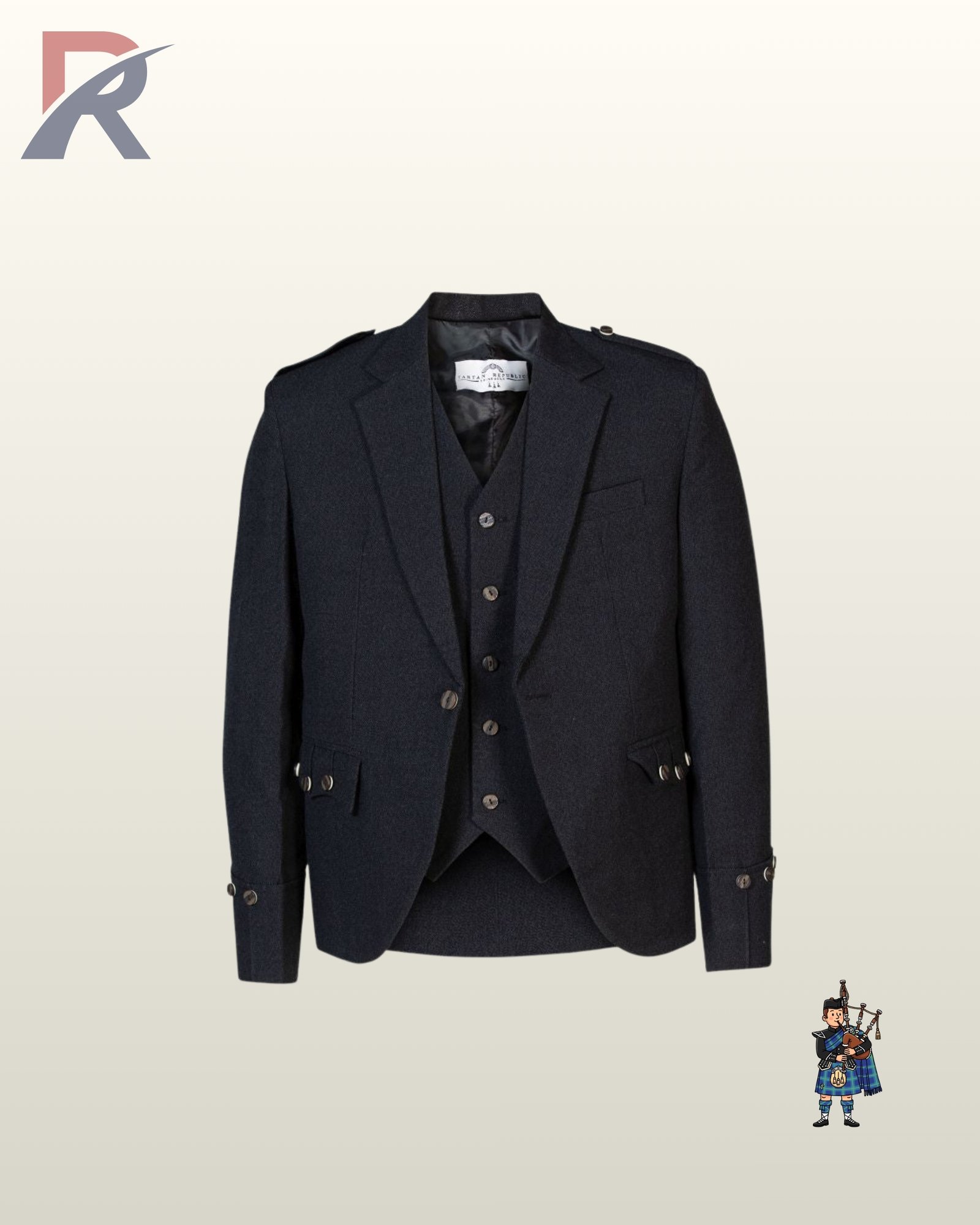 Men's formal dark grey tweed highland kilt jacket set featuring braided cuff details and staghorn style buttons.