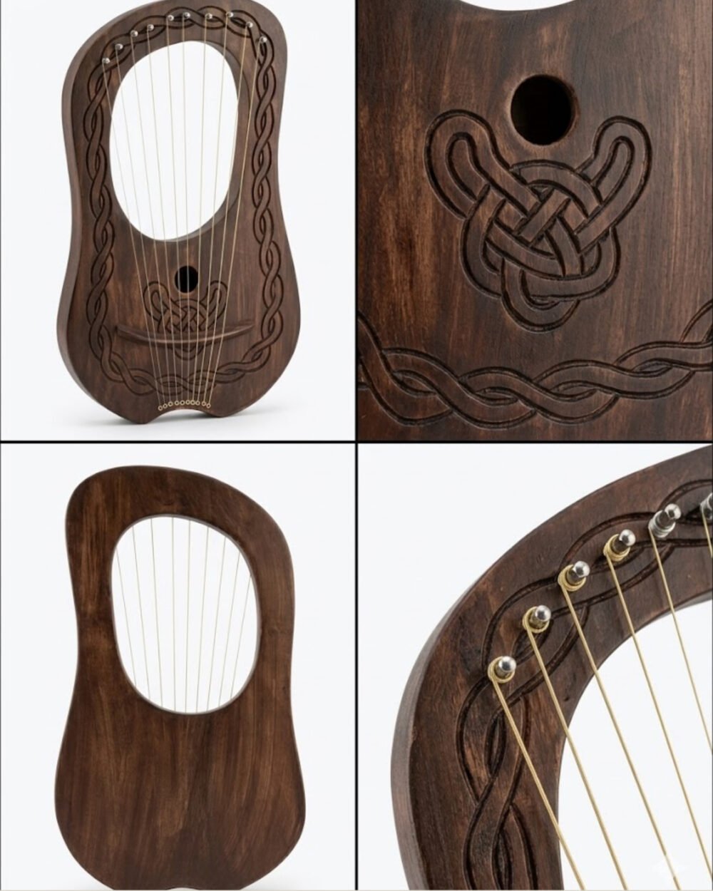 Four-panel product feature grid showing full front view, carved Celtic knot sound hole detail, back view, and silver tuning peg close-up of a 10-string lyre harp.