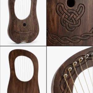 Four-panel product feature grid showing full front view, carved Celtic knot sound hole detail, back view, and silver tuning peg close-up of a 10-string lyre harp.