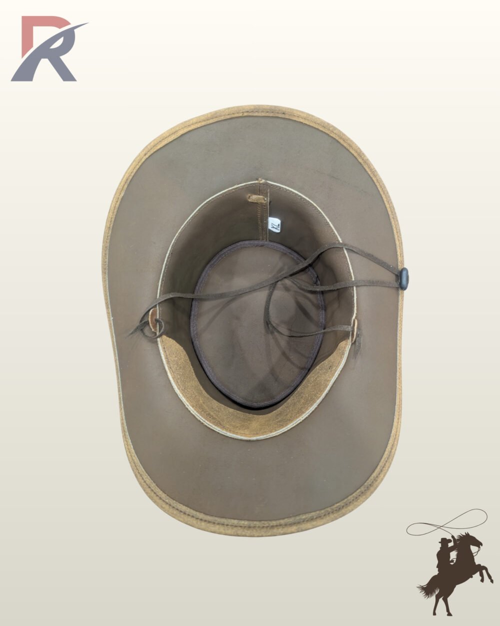 Underside view of a distressed brown leather western hat showcasing the interior crown, size tag, and adjustable chin strap with cord lock.