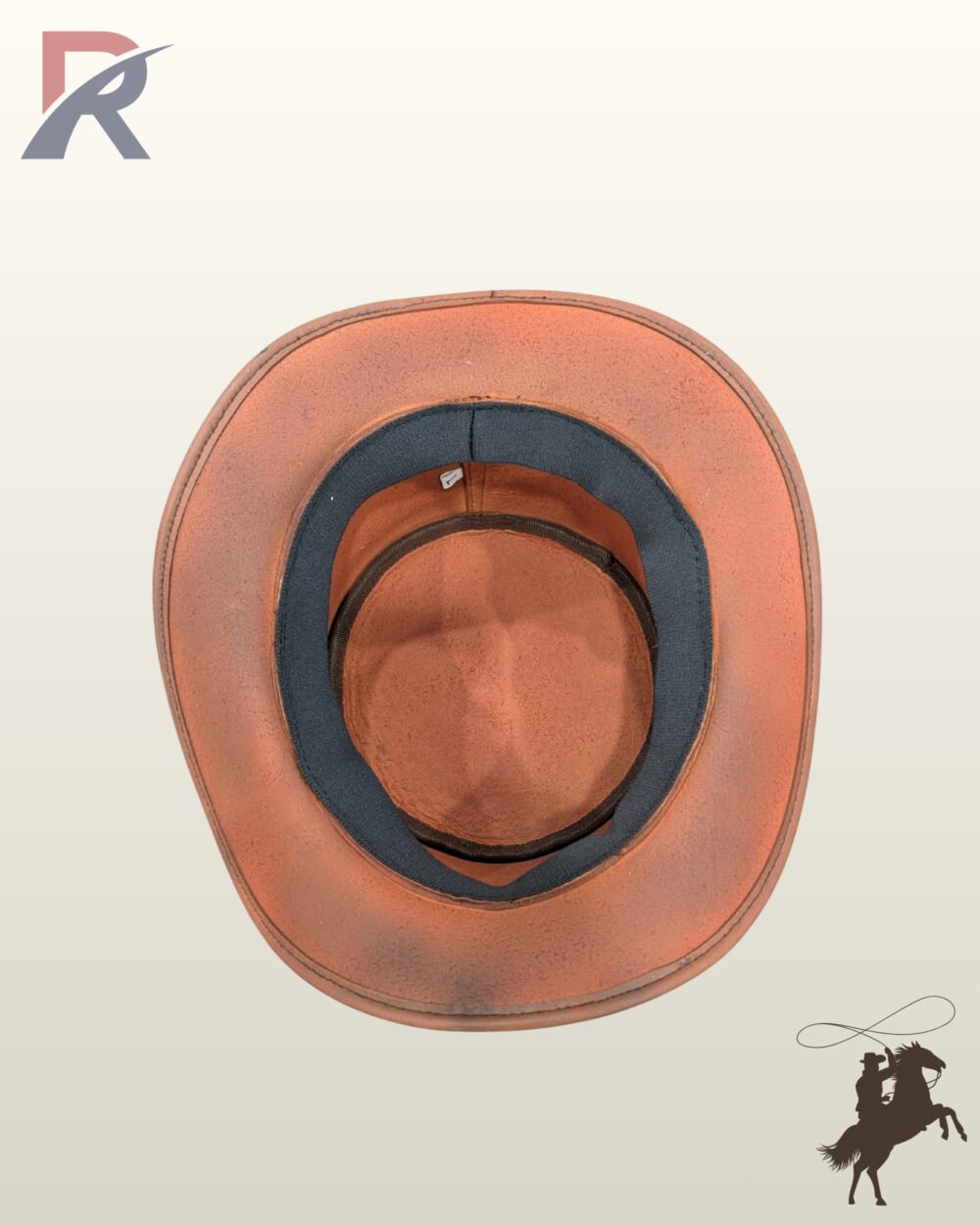 Bottom perspective of a handcrafted victorian leather top hat highlighting the internal construction, size tag, and stitched brim edge.