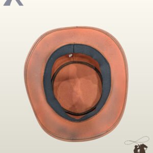 Bottom perspective of a handcrafted victorian leather top hat highlighting the internal construction, size tag, and stitched brim edge.