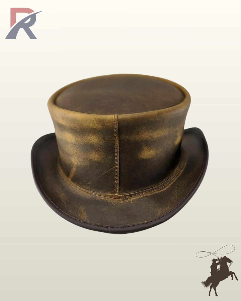 Rear perspective of a distressed two-tone tan and brown leather steampunk top hat displaying vertical back seam stitching and a reinforced brim.