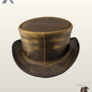 Rear perspective of a distressed two-tone tan and brown leather steampunk top hat displaying vertical back seam stitching and a reinforced brim.