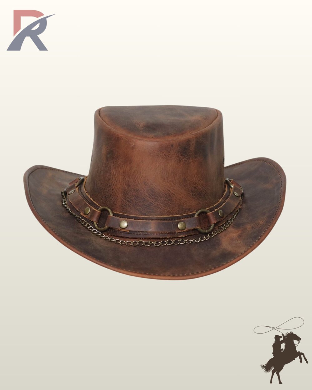 Front view of a distressed tan brown leather western outback hat featuring a studded leather hatband with brass rings and a hanging curb chain.