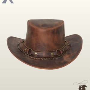 Front view of a distressed tan brown leather western outback hat featuring a studded leather hatband with brass rings and a hanging curb chain.