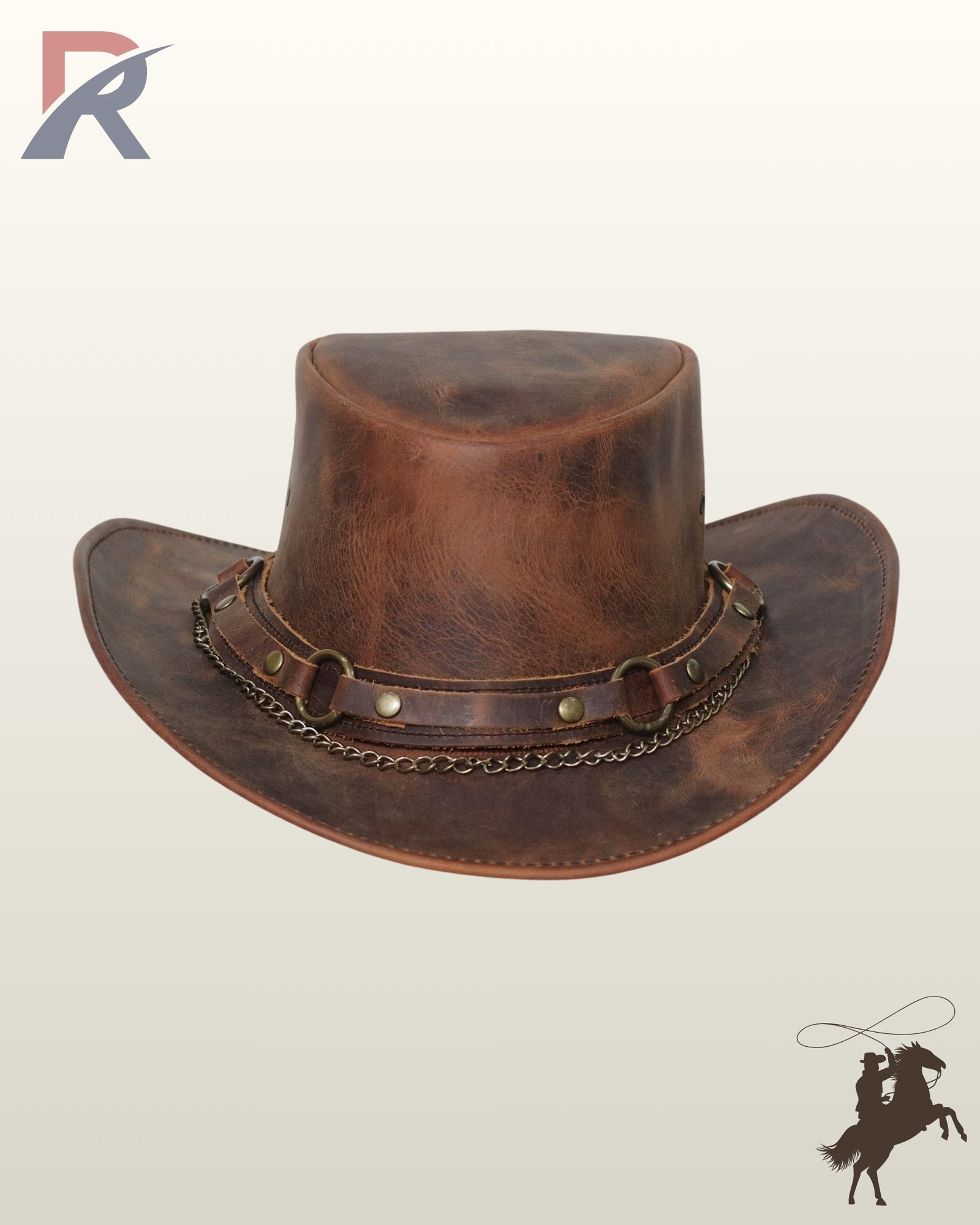 Front view of a distressed tan brown leather western outback hat featuring a studded leather hatband with brass rings and a hanging curb chain.