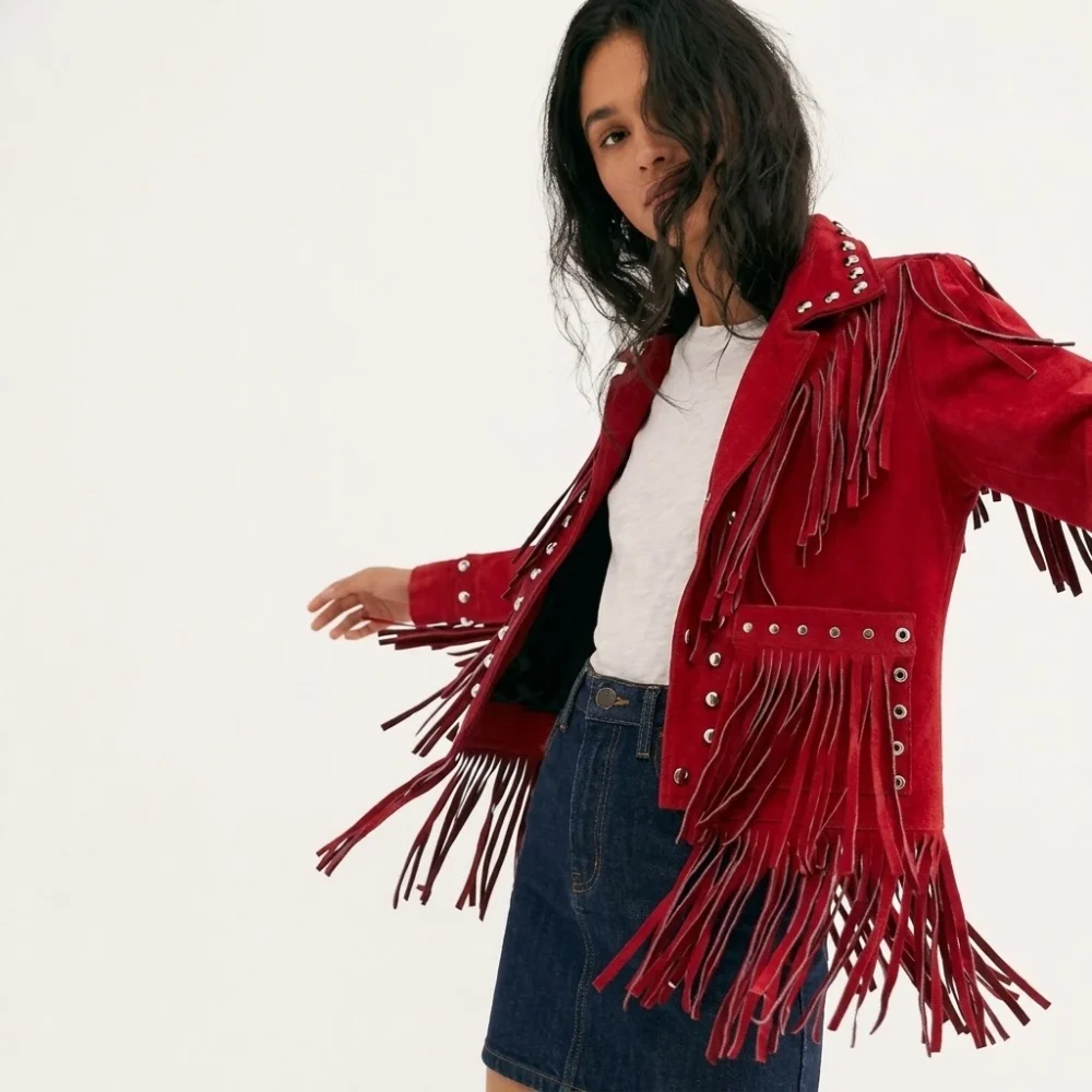 Red Suede Fringe Jacket Studded Western Cowgirl