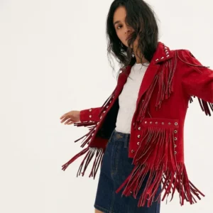 Red Suede Fringe Jacket Studded Western Cowgirl