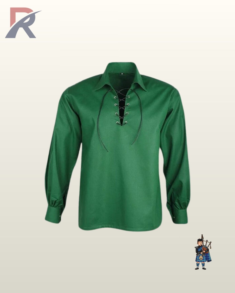 Men's green traditional Scottish ghillie kilt shirt showing full sleeves, buttoned cuffs, and a laced collar.