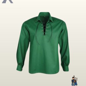 Men's green traditional Scottish ghillie kilt shirt showing full sleeves, buttoned cuffs, and a laced collar.