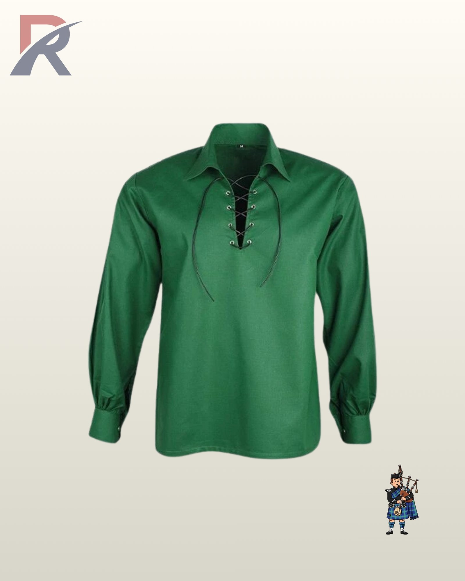 Men's green traditional Scottish ghillie kilt shirt showing full sleeves, buttoned cuffs, and a laced collar.