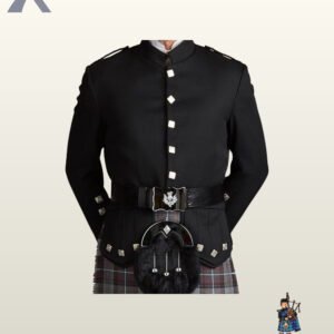 Front view of a men's black regulation doublet kilt jacket with a mandarin collar, square silver buttons, and an embossed belt.
