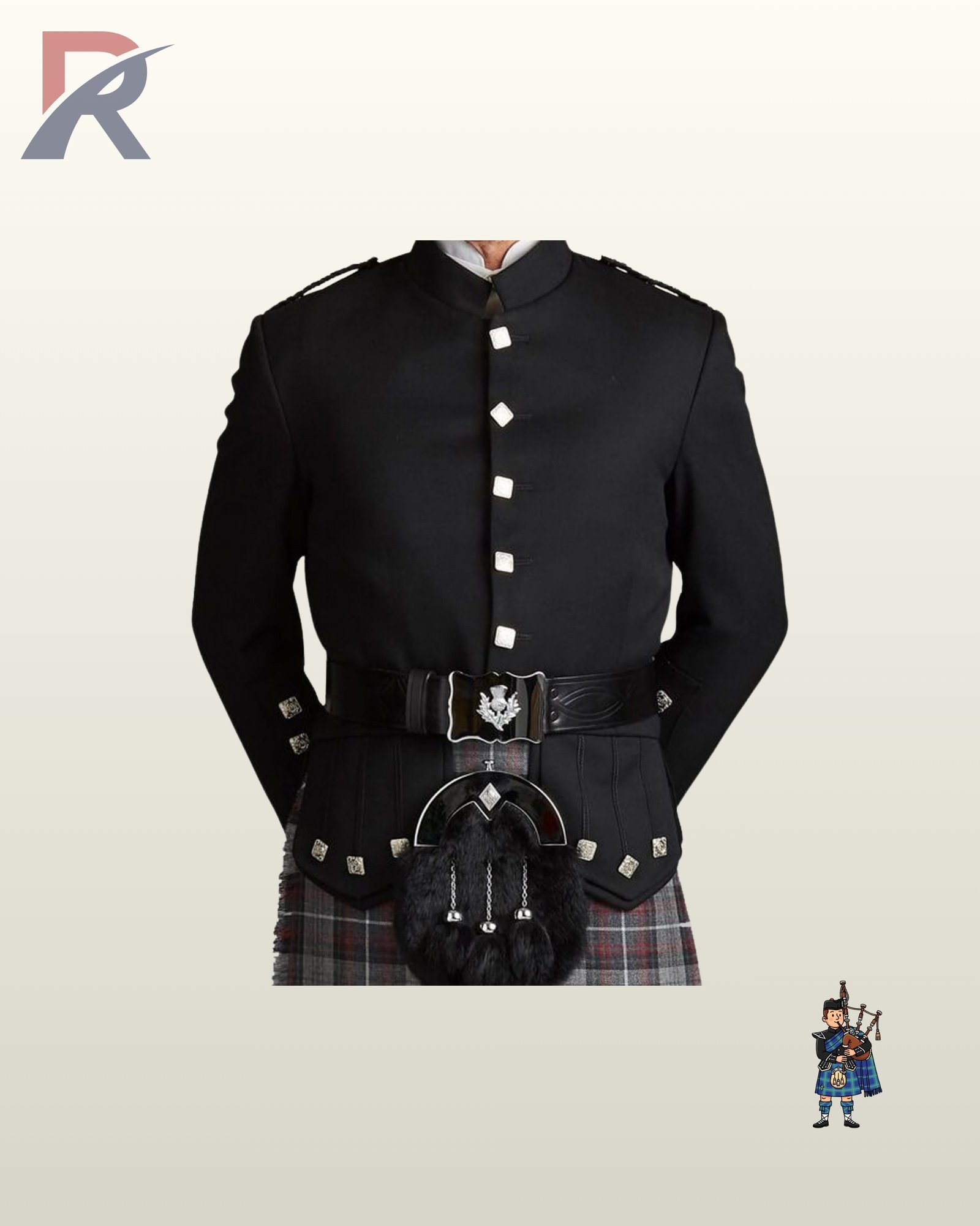 Front view of a men's black regulation doublet kilt jacket with a mandarin collar, square silver buttons, and an embossed belt.