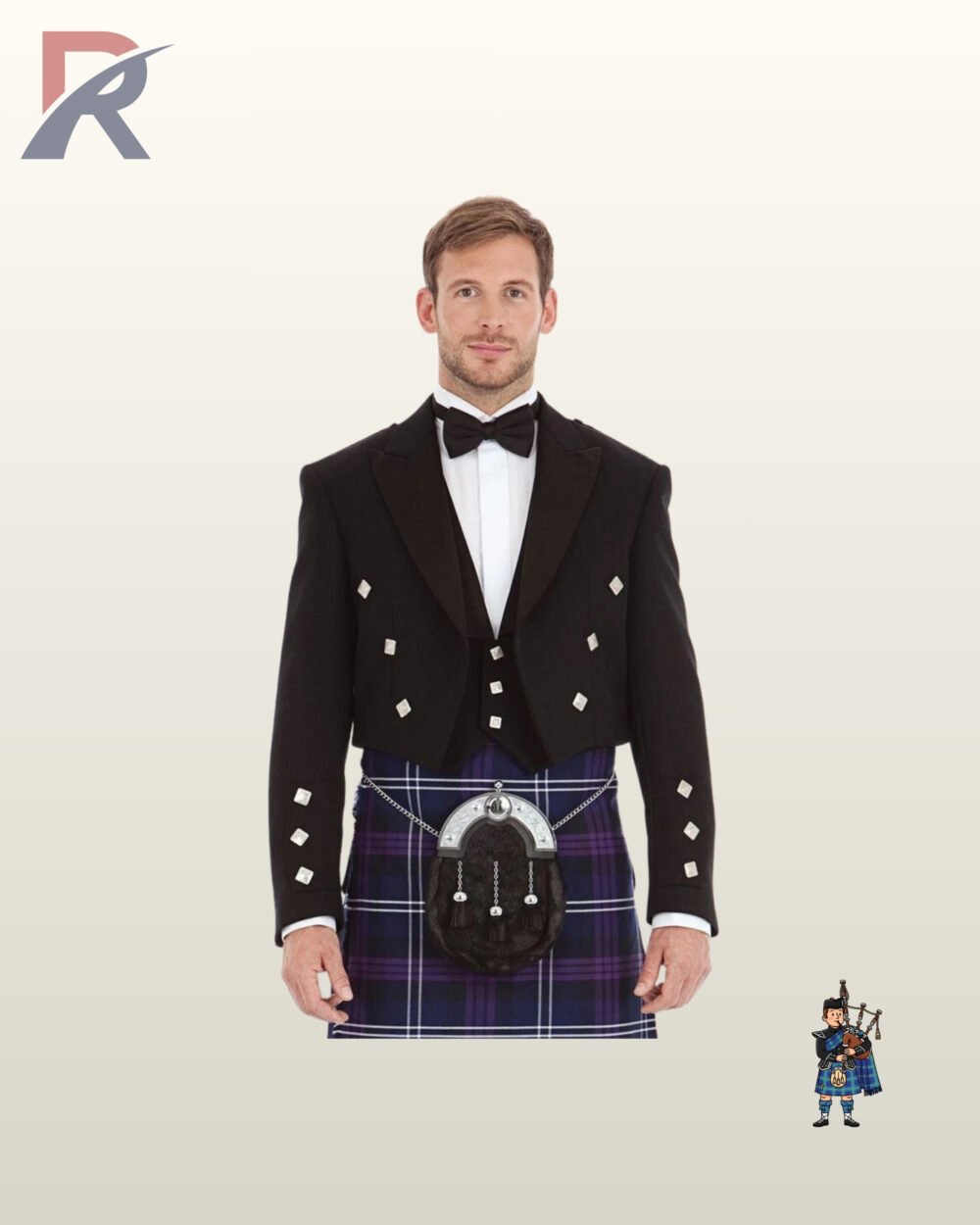 Medium close-up of a man wearing a black Prince Charlie kilt jacket with square silver buttons, low-cut vest, and black bow tie.