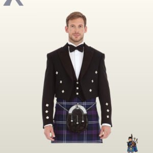 Medium close-up of a man wearing a black Prince Charlie kilt jacket with square silver buttons, low-cut vest, and black bow tie.