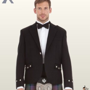 Full front view of a man wearing a formal black Argyle kilt jacket set with a matching waistcoat, black bow tie, and tartan kilt.