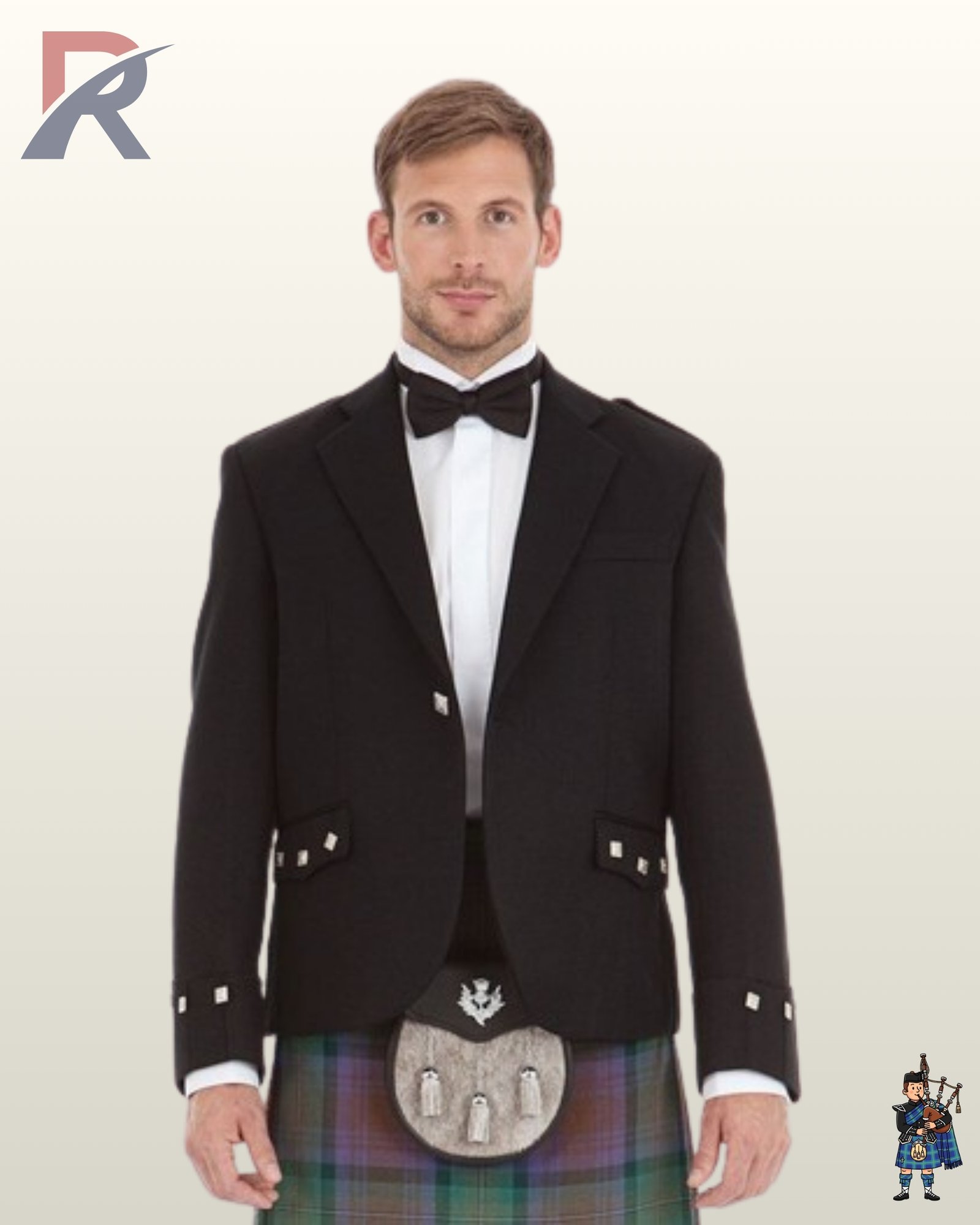 Full front view of a man wearing a formal black Argyle kilt jacket set with a matching waistcoat, black bow tie, and tartan kilt.