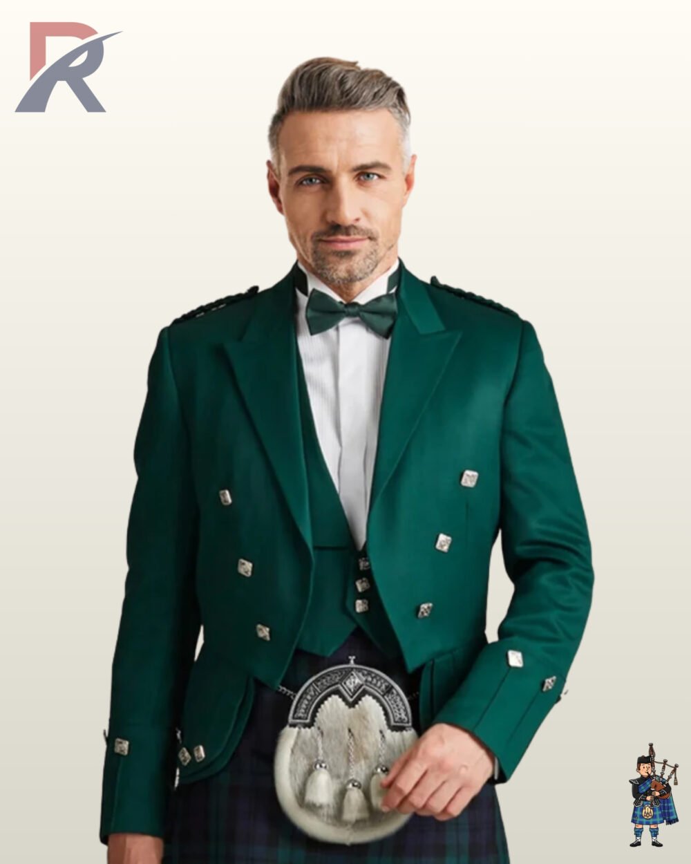 Front view of a model wearing an emerald green Prince Charlie kilt jacket set with a matching waistcoat, green bow tie, and fur sporran.