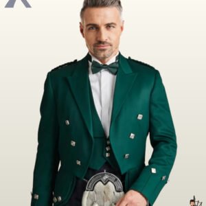 Front view of a model wearing an emerald green Prince Charlie kilt jacket set with a matching waistcoat, green bow tie, and fur sporran.