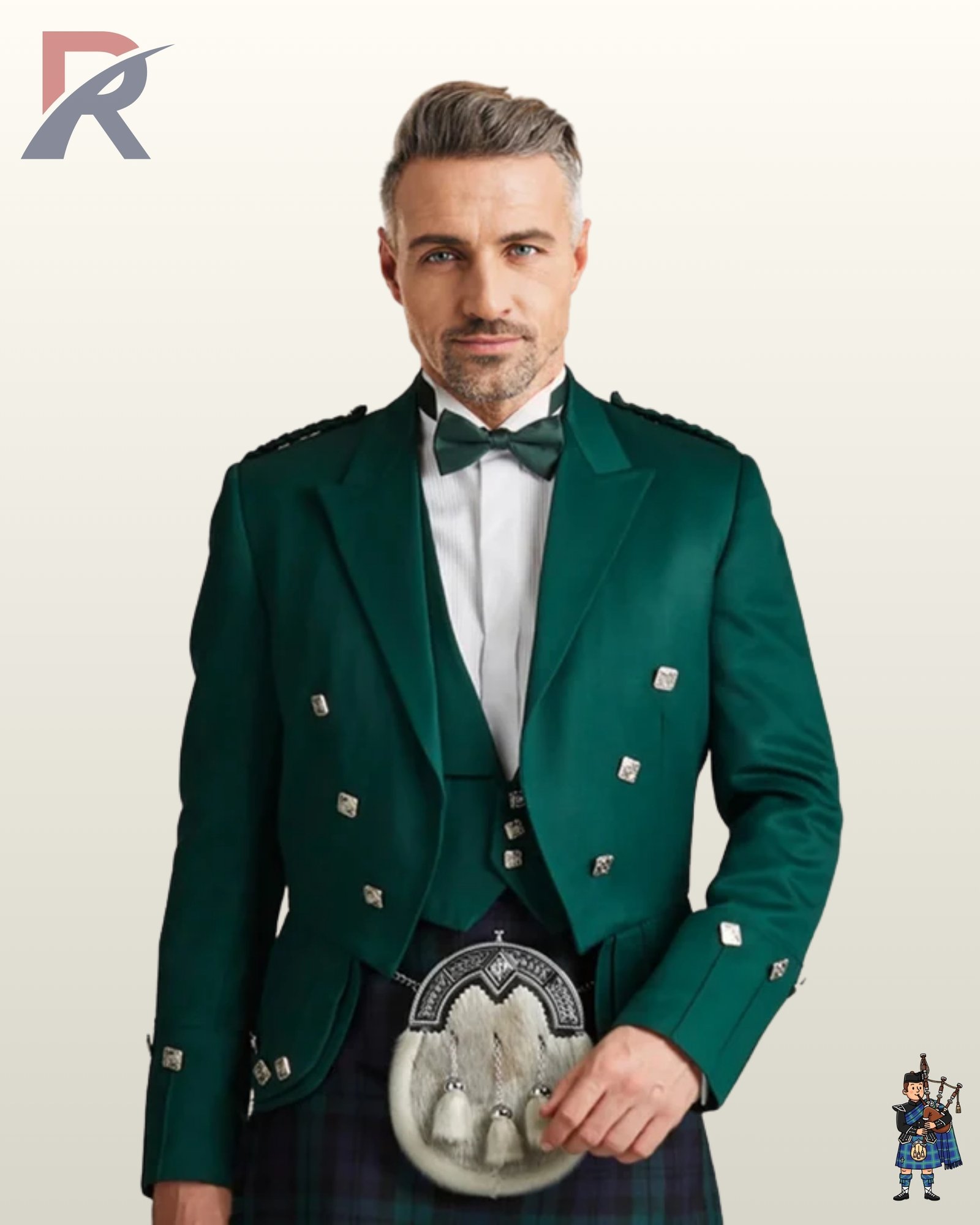 Front view of a model wearing an emerald green Prince Charlie kilt jacket set with a matching waistcoat, green bow tie, and fur sporran.