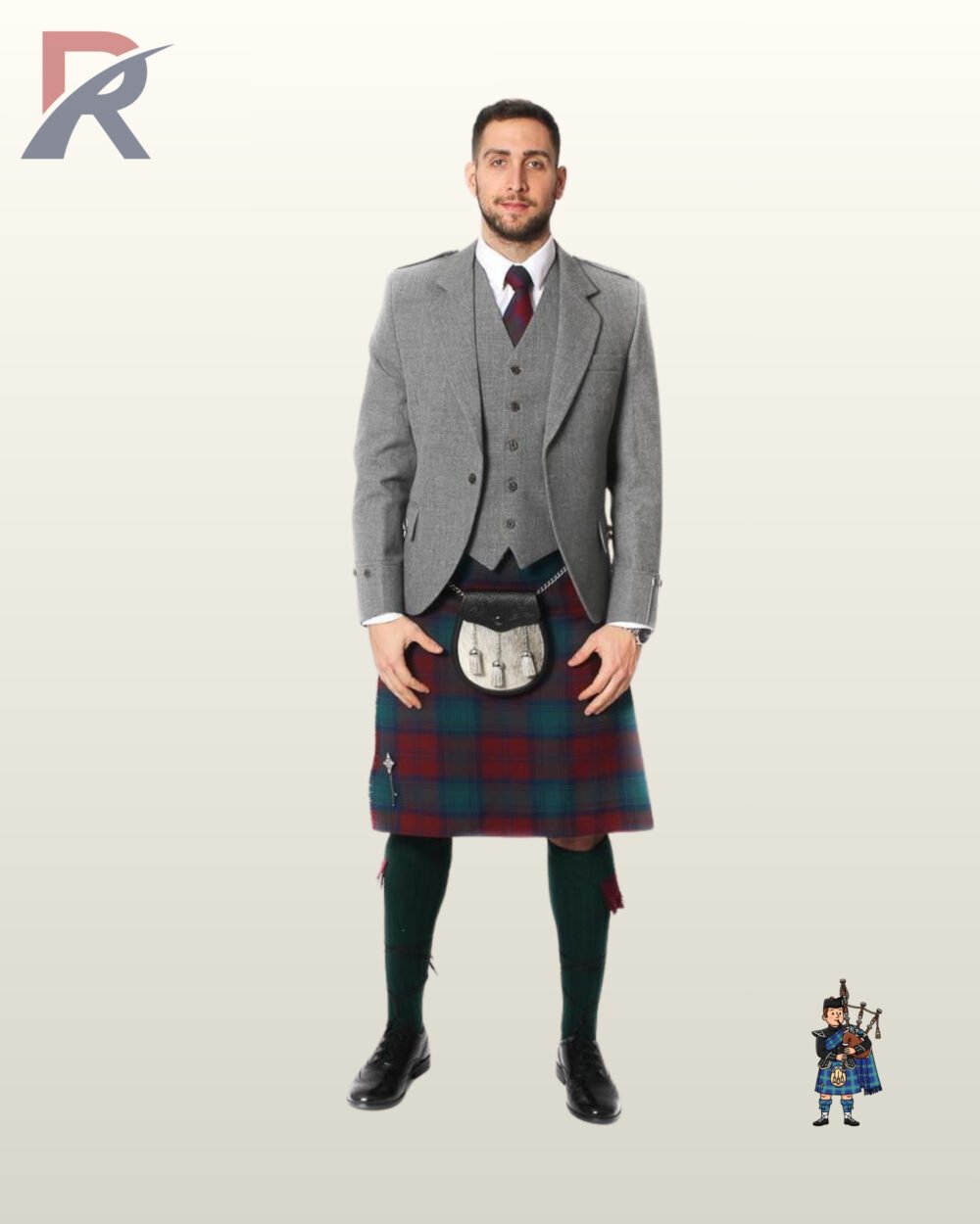 Traditional Scottish men's grey tweed kilt jacket set featuring gauntlet cuffs, bovine fur sporran, and dark green hose.