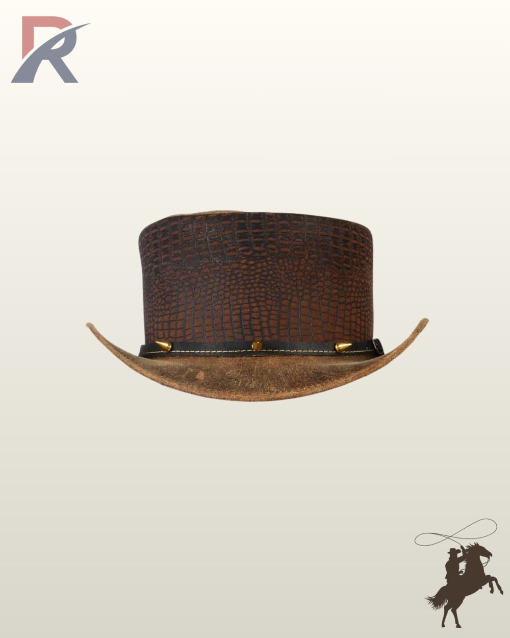 Front view of a distressed brown crocodile embossed leather steampunk top hat featuring brass gold bullet spike studs along the black leather hatband.