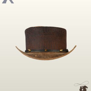 Front view of a distressed brown crocodile embossed leather steampunk top hat featuring brass gold bullet spike studs along the black leather hatband.