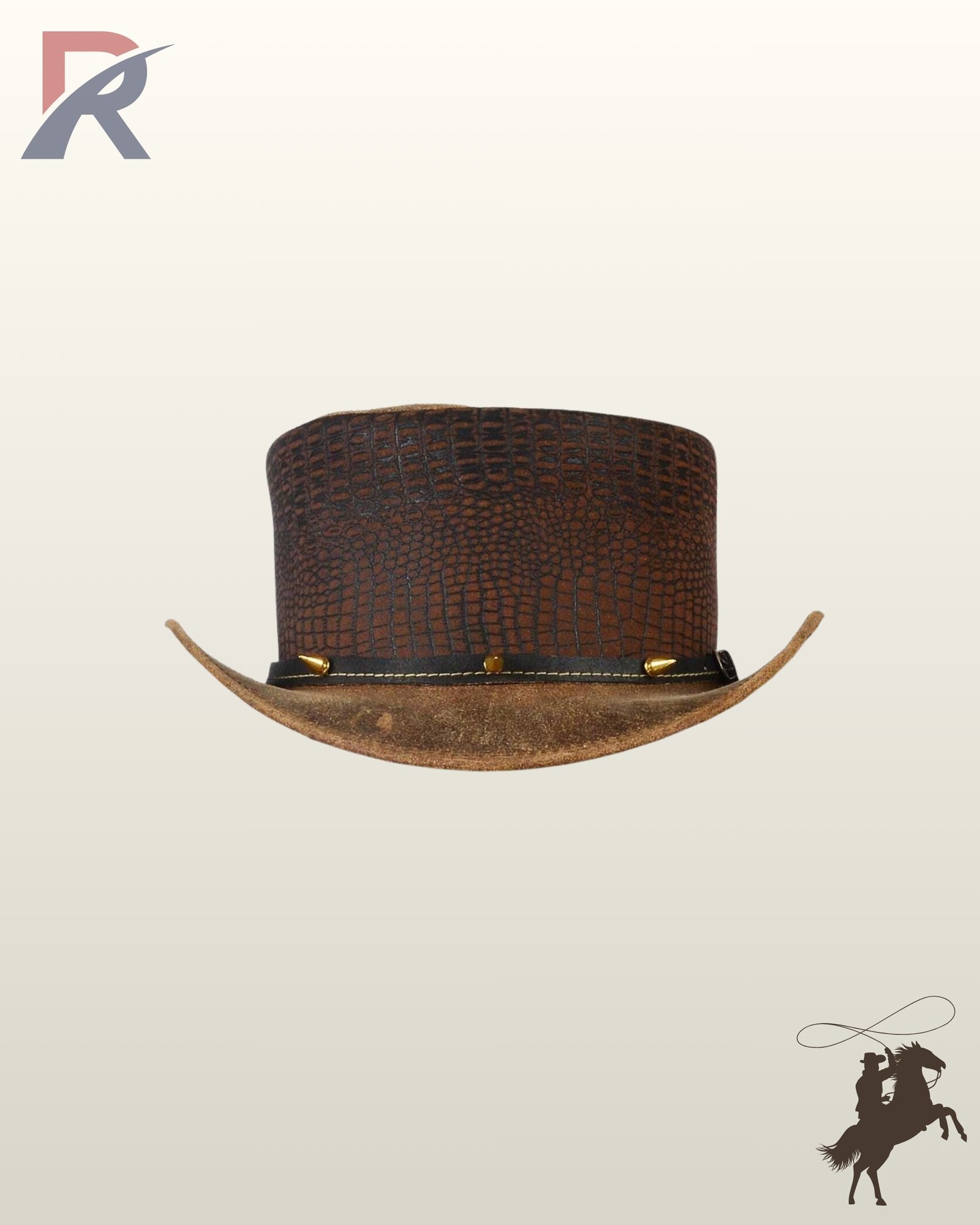 Front view of a distressed brown crocodile embossed leather steampunk top hat featuring brass gold bullet spike studs along the black leather hatband.