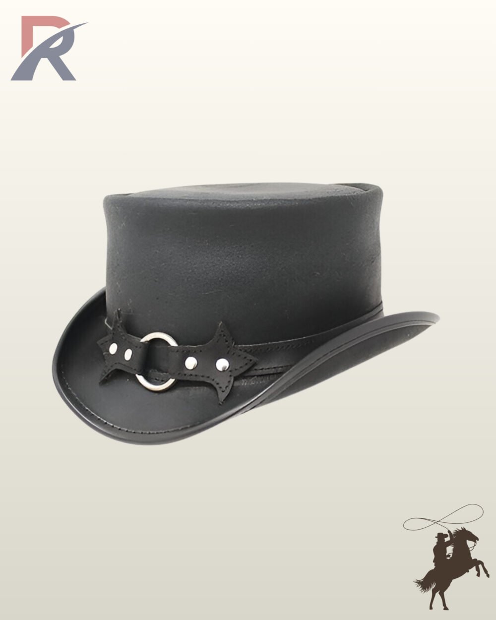Three-quarter angled view of a black leather steampunk top hat featuring a central silver metal ring flanked by studded batwing-shaped leather accents.