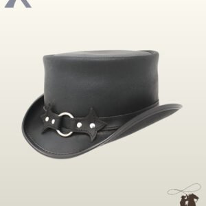 Three-quarter angled view of a black leather steampunk top hat featuring a central silver metal ring flanked by studded batwing-shaped leather accents.