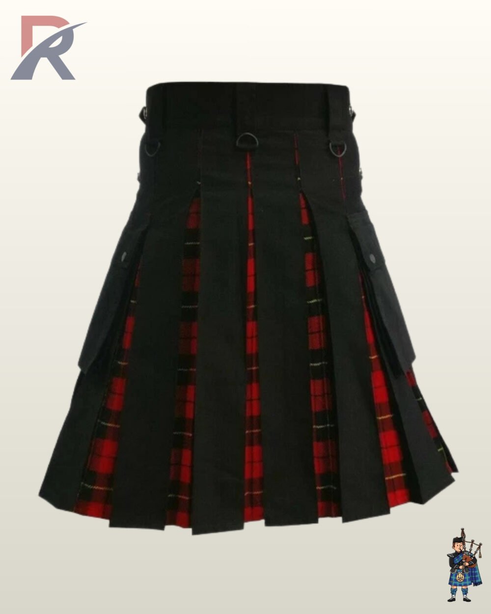 Men's hybrid utility kilt styled with a black canvas front apron and red tartan pleated underlays.