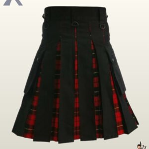 Men's hybrid utility kilt styled with a black canvas front apron and red tartan pleated underlays.