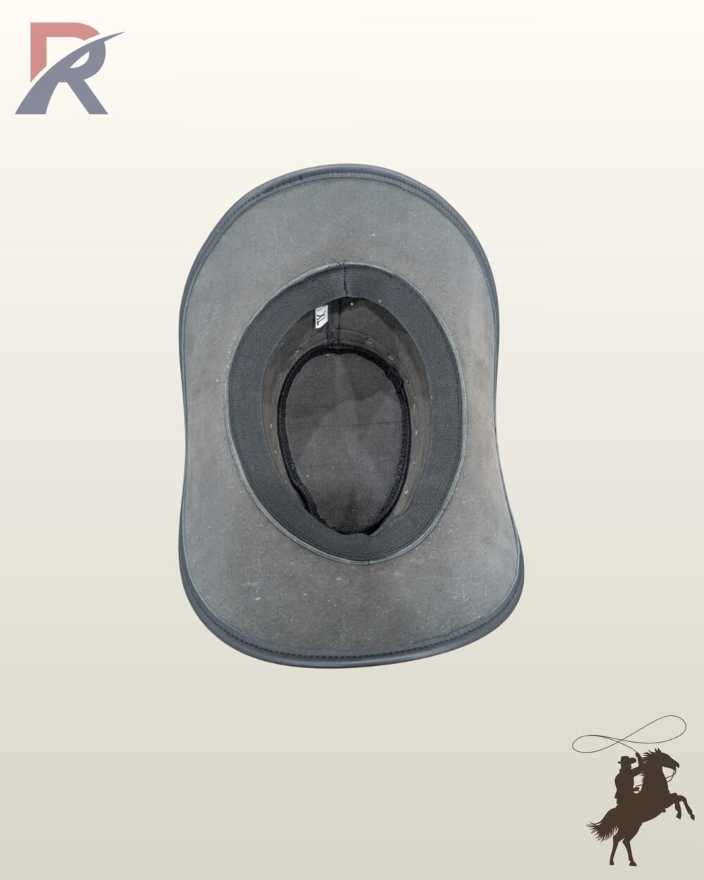 Underside view of a black leather western hat showing the internal sweatband, size tag, and suede brim lining.