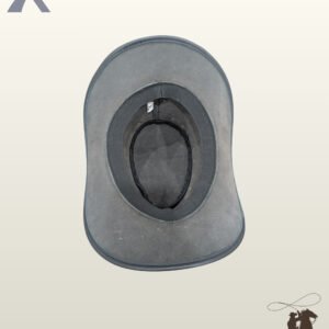 Underside view of a black leather western hat showing the internal sweatband, size tag, and suede brim lining.