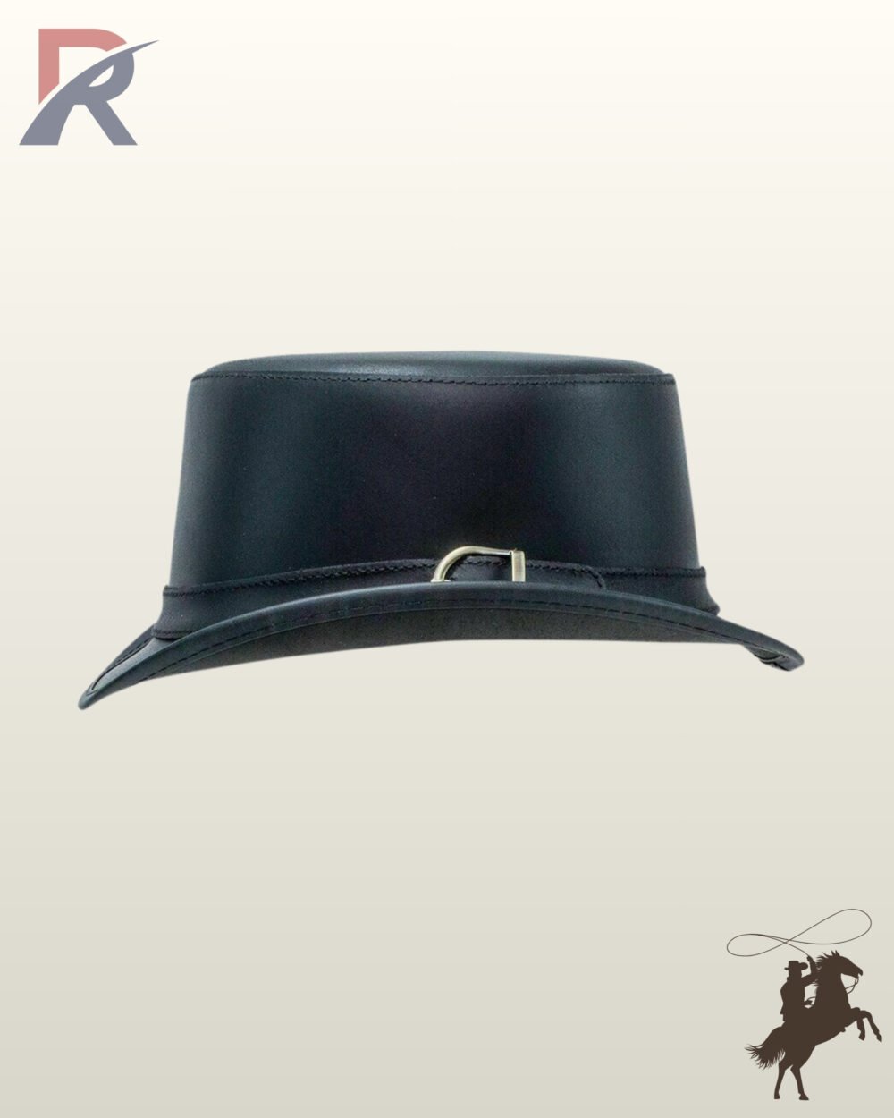 Classic gothic black leather top hat highlighting a clean, understated design with a narrow leather strap and brass metal buckle.