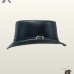 Classic gothic black leather top hat highlighting a clean, understated design with a narrow leather strap and brass metal buckle.