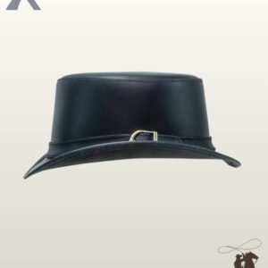 Classic gothic black leather top hat highlighting a clean, understated design with a narrow leather strap and brass metal buckle.