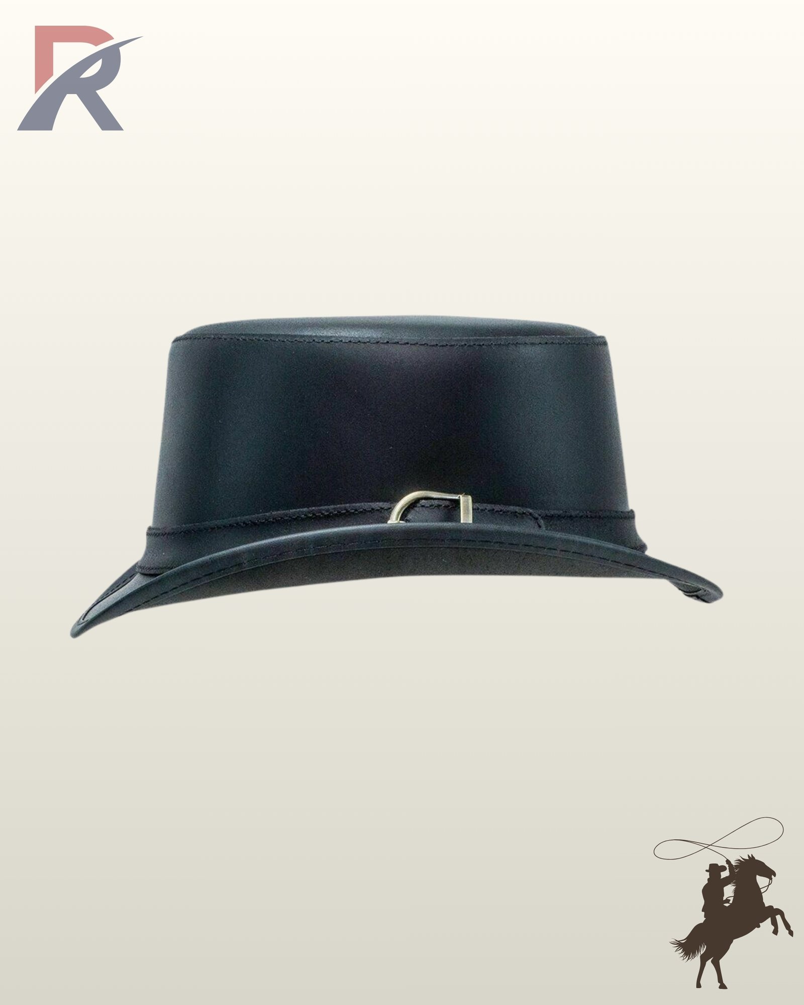 Classic gothic black leather top hat highlighting a clean, understated design with a narrow leather strap and brass metal buckle.