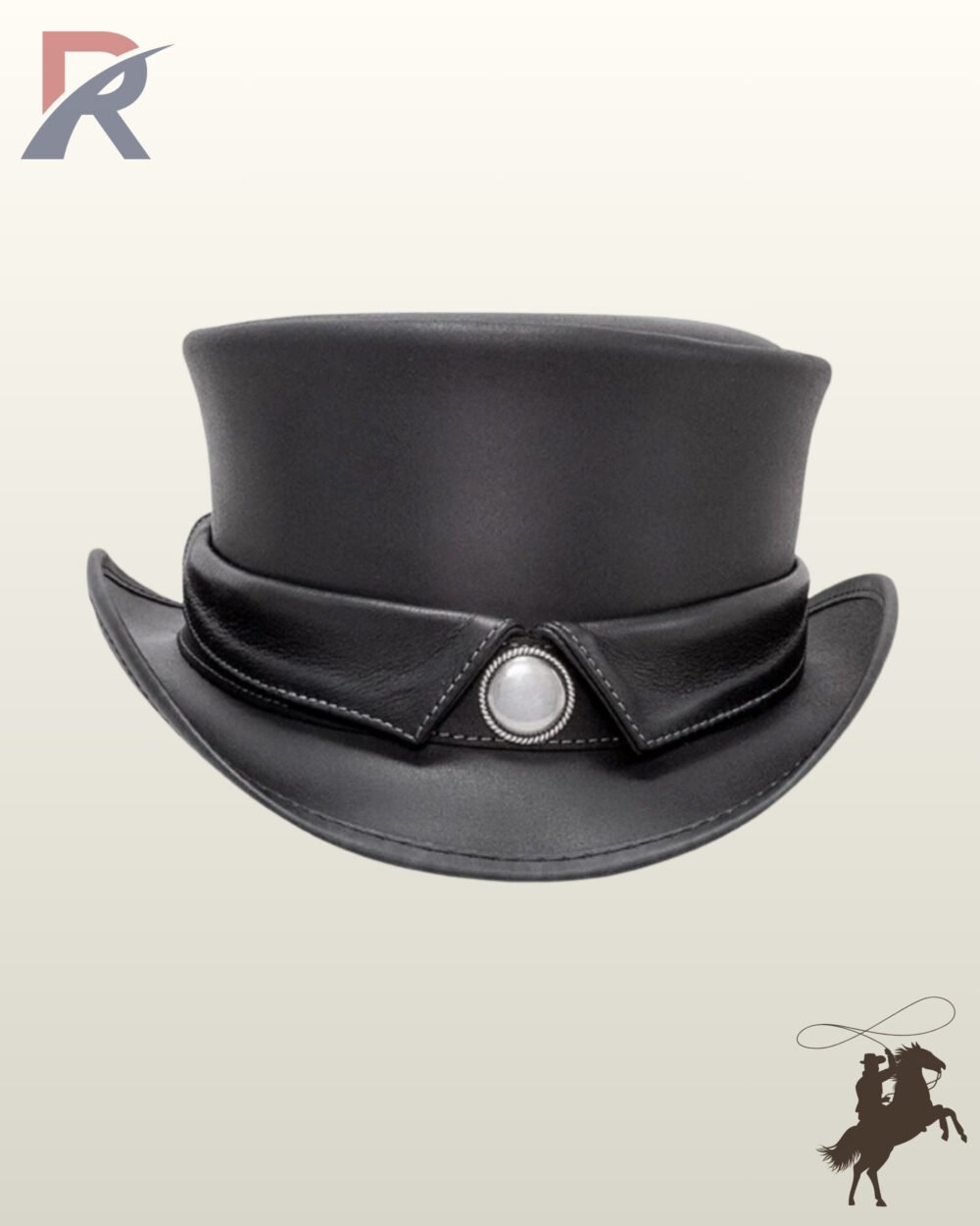 Front view of a black leather steampunk top hat featuring a white inlay silver concho centered on a tailored, lapel-style folded leather band.