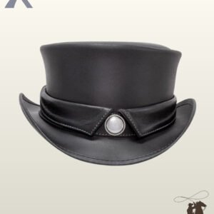 Front view of a black leather steampunk top hat featuring a white inlay silver concho centered on a tailored, lapel-style folded leather band.
