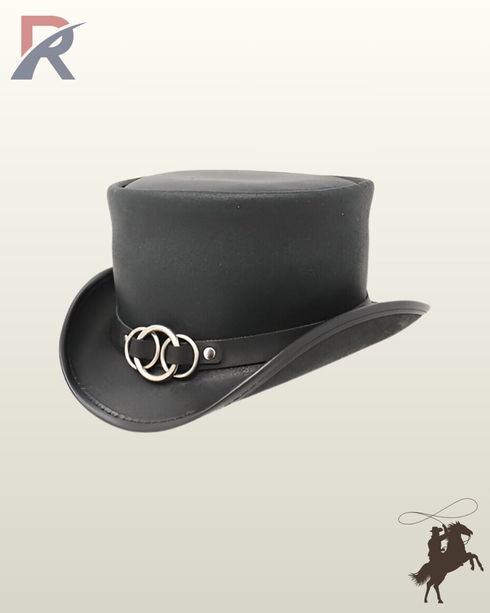 Three-quarter angle of a handcrafted gothic black leather top hat showing the side profile and silver interlocking ring hatband detail.