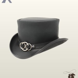 Three-quarter angle of a handcrafted gothic black leather top hat showing the side profile and silver interlocking ring hatband detail.